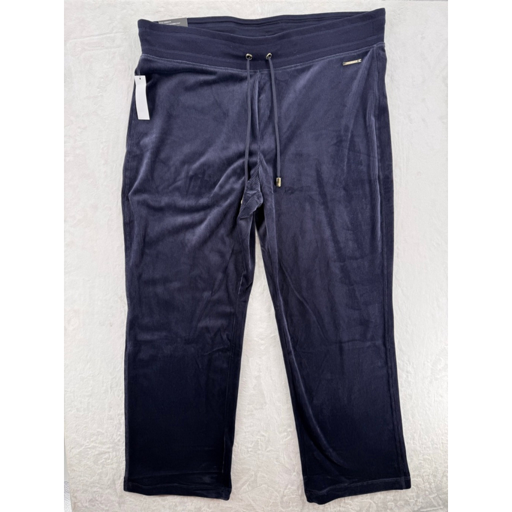Halston Navy Blue Velour Ribbed Pants Loungewear Straight Leg Women's Size XL